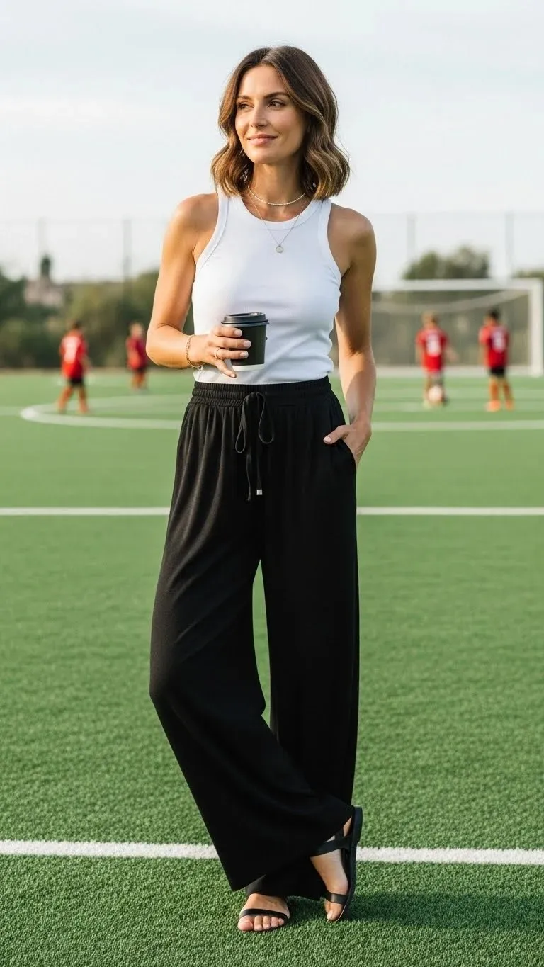 21 Soccer Mom Outfit Ideas 2026: Look Amazing at Every Game Day 14 Wide-Leg Pants with Fitted Tank