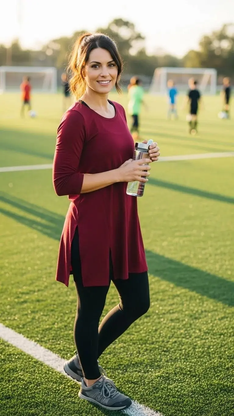 21 Soccer Mom Outfit Ideas 2026: Look Amazing at Every Game Day 6 Yoga Pants with Long Tunic Top