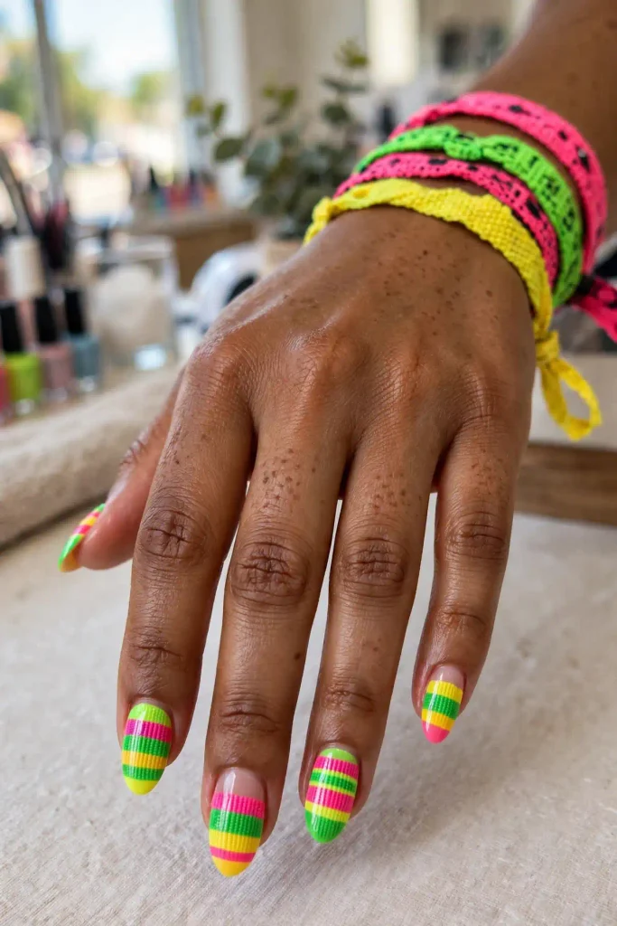17 Bad Bunny Nails, Set Out Like a Concert Setlist 14 b12 neon wristband stripes