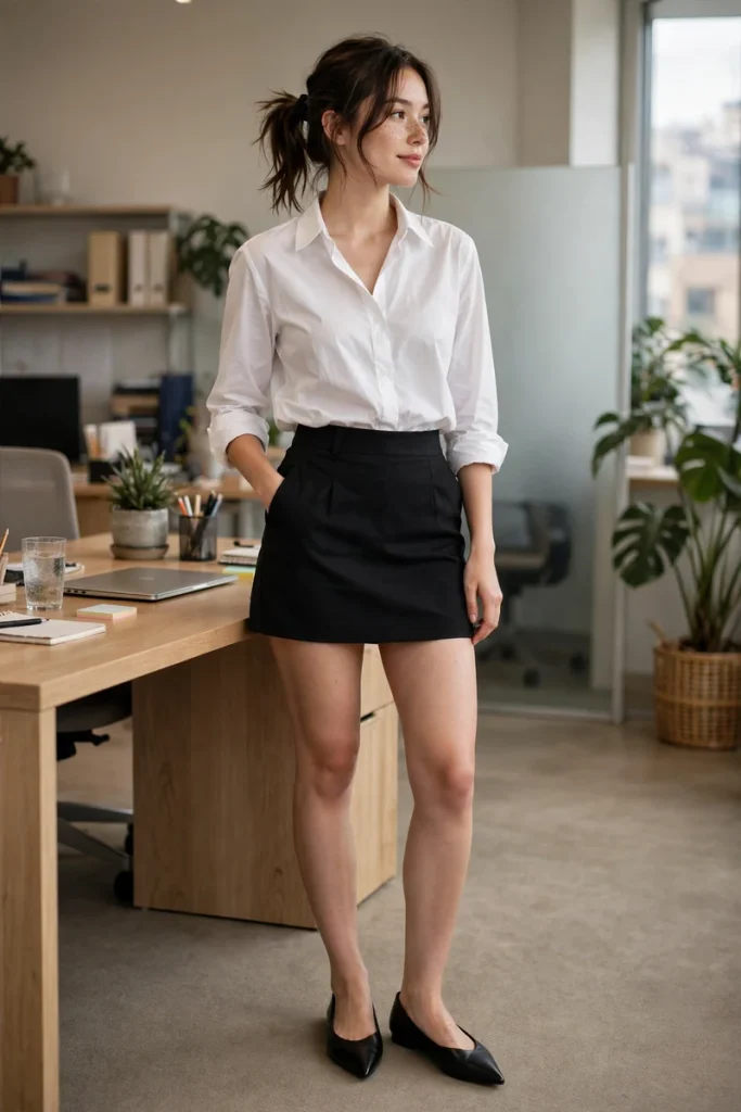 23 Cute Mini Skirt Outfits Ideas (Yes, At Any Age) 10 miniskirt 09 white shirt black mini pointed flats