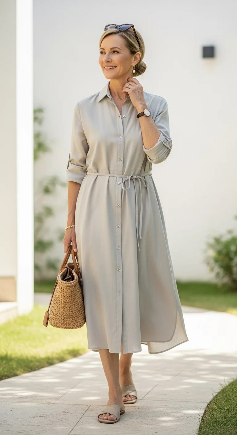 Discover the Timeless Appeal of Minimalist Spring Outfits for Women Over 60 in 2026 12 Breezy Button-Down Dress