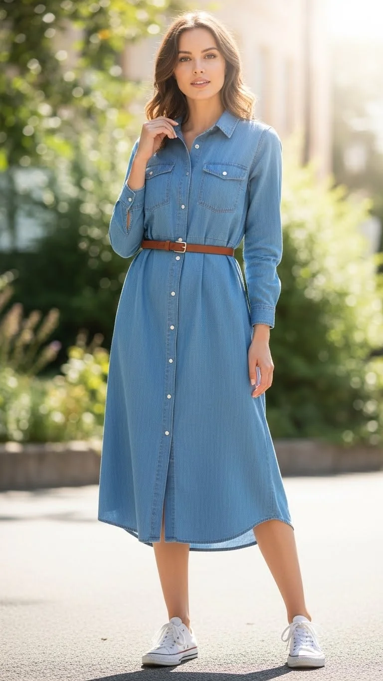 15 Modest Girly Outfit Ideas 2026: Your Complete Style Guide 8 Button-Down Shirt Dress with Belt