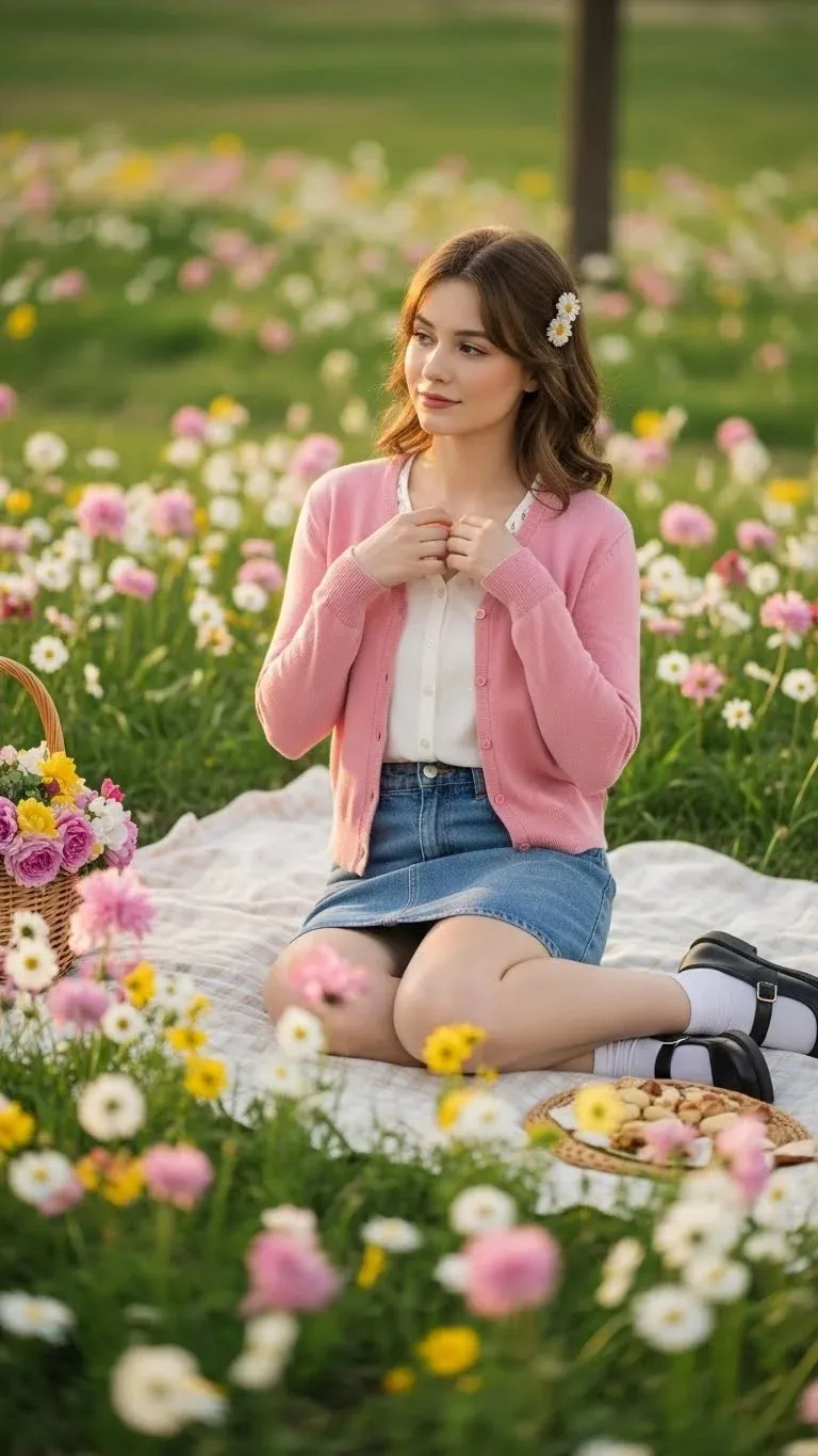 16 Best Denim Mini Skirt Outfits Ideas 2026 14 Cardigan and Mary Janes Sweet