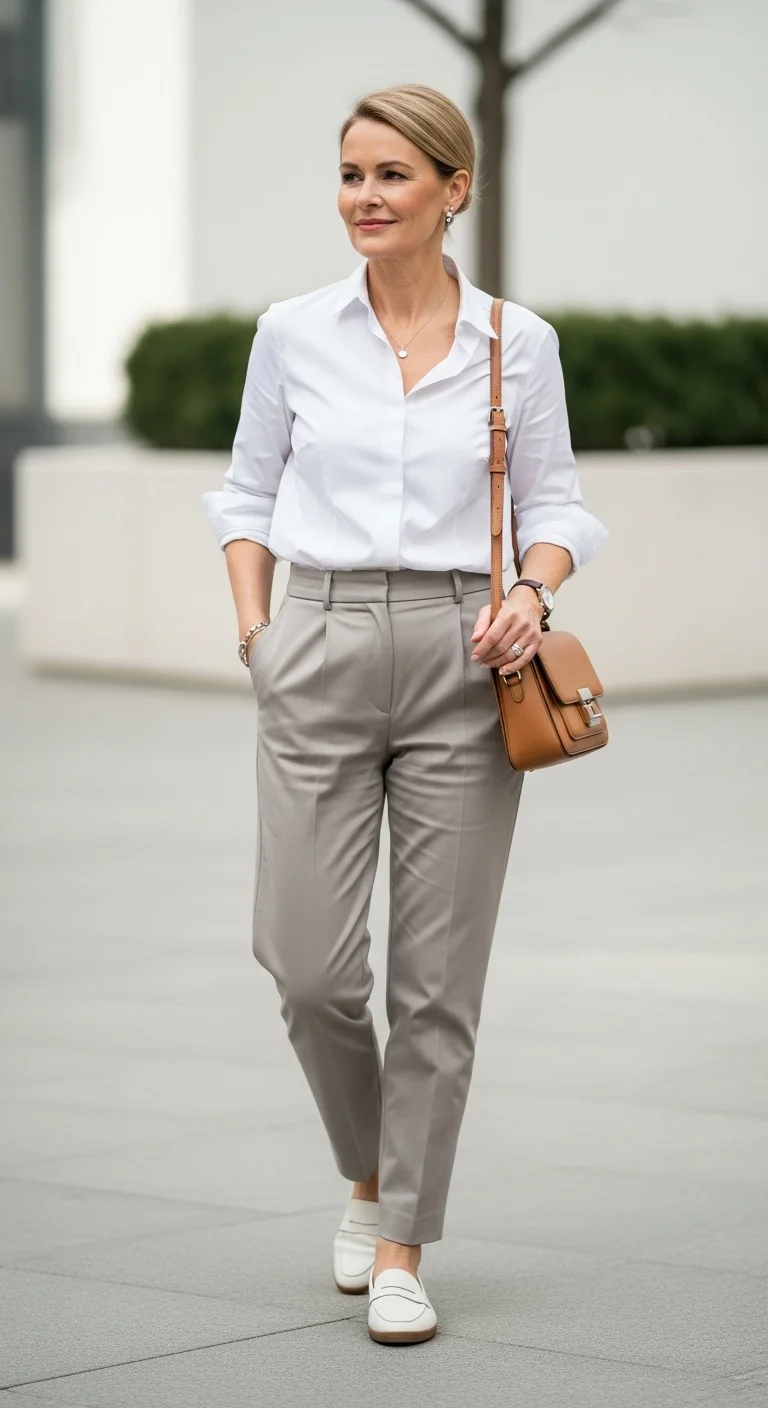 Discover the Timeless Appeal of Minimalist Spring Outfits for Women Over 60 in 2026 2 Classic White Shirt & Trousers