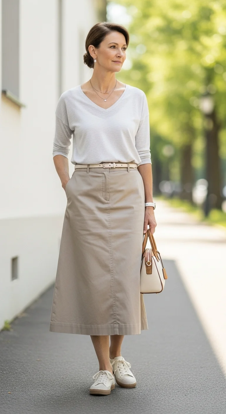 Discover the Timeless Appeal of Minimalist Spring Outfits for Women Over 60 in 2026 5 Cotton Skirt & V-Neck Top