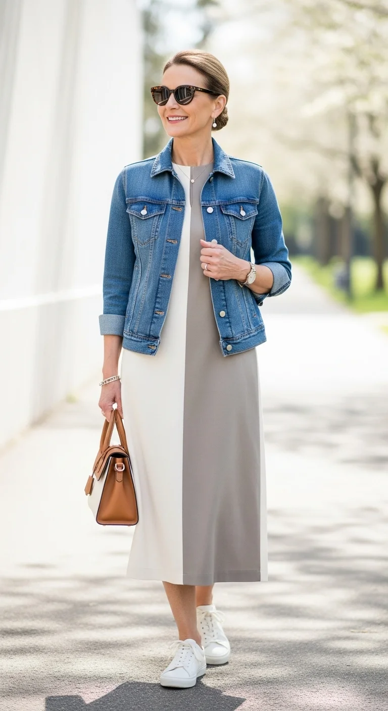 Discover the Timeless Appeal of Minimalist Spring Outfits for Women Over 60 in 2026 11 Denim Jacket & Dress