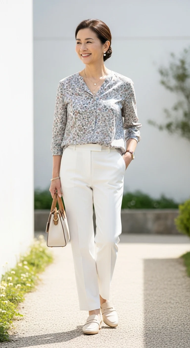 Discover the Timeless Appeal of Minimalist Spring Outfits for Women Over 60 in 2026 16 Floral Blouse & White Pants