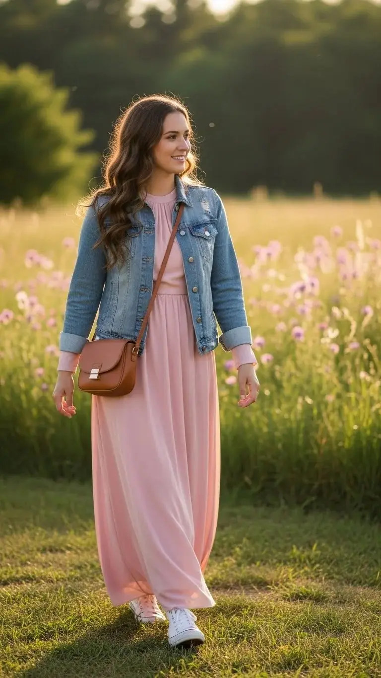 15 Modest Girly Outfit Ideas 2026: Your Complete Style Guide 2 Flowy Maxi Dress with Denim Jacket