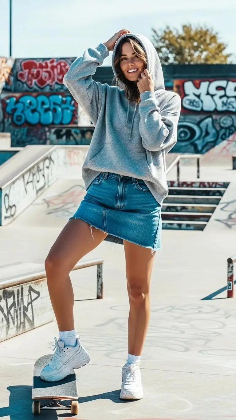 16 Best Denim Mini Skirt Outfits Ideas 2026 10 Hoodie and Chunky Sneakers Sporty