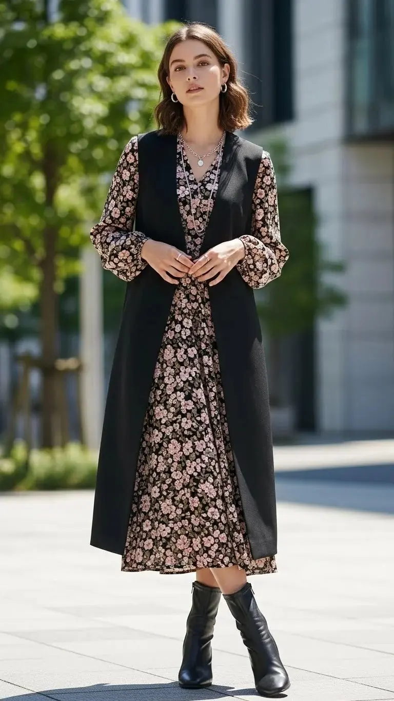 15 Modest Girly Outfit Ideas 2026: Your Complete Style Guide 10 Layered Look with Long Vest Over Dress