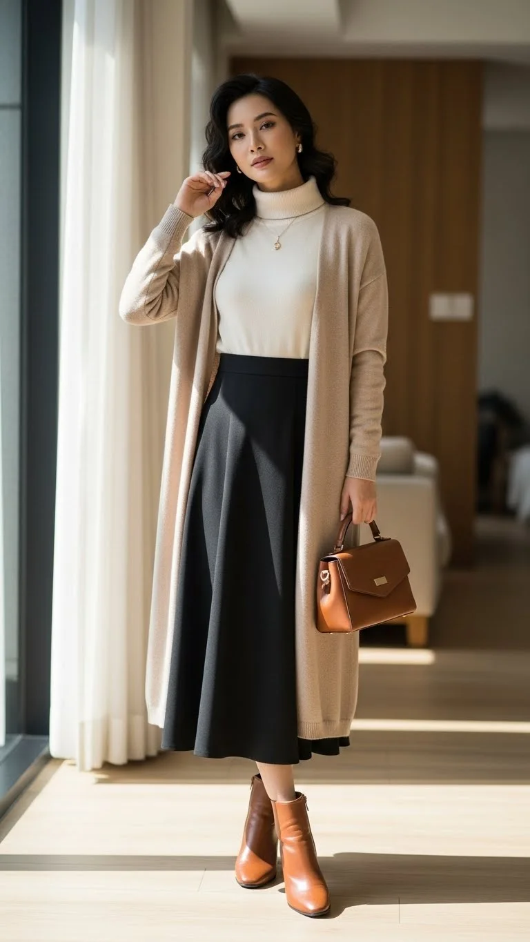 15 Modest Girly Outfit Ideas 2026: Your Complete Style Guide 3 Long Cardigan Over Midi Skirt and Turtleneck