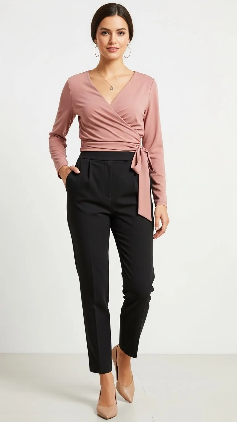 15 Modest Girly Outfit Ideas 2026: Your Complete Style Guide 13 Long Sleeve Wrap Top with High-Waisted Pants