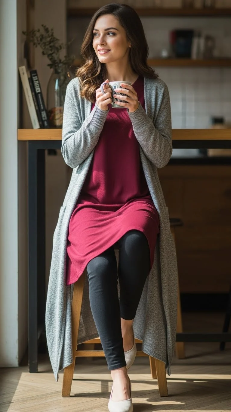 15 Modest Girly Outfit Ideas 2026: Your Complete Style Guide 6 Long Tunic Top with Leggings and Long Cardigan