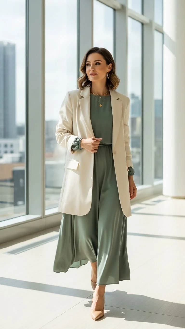15 Modest Girly Outfit Ideas 2026: Your Complete Style Guide 14 Midi Dress with Long Blazer