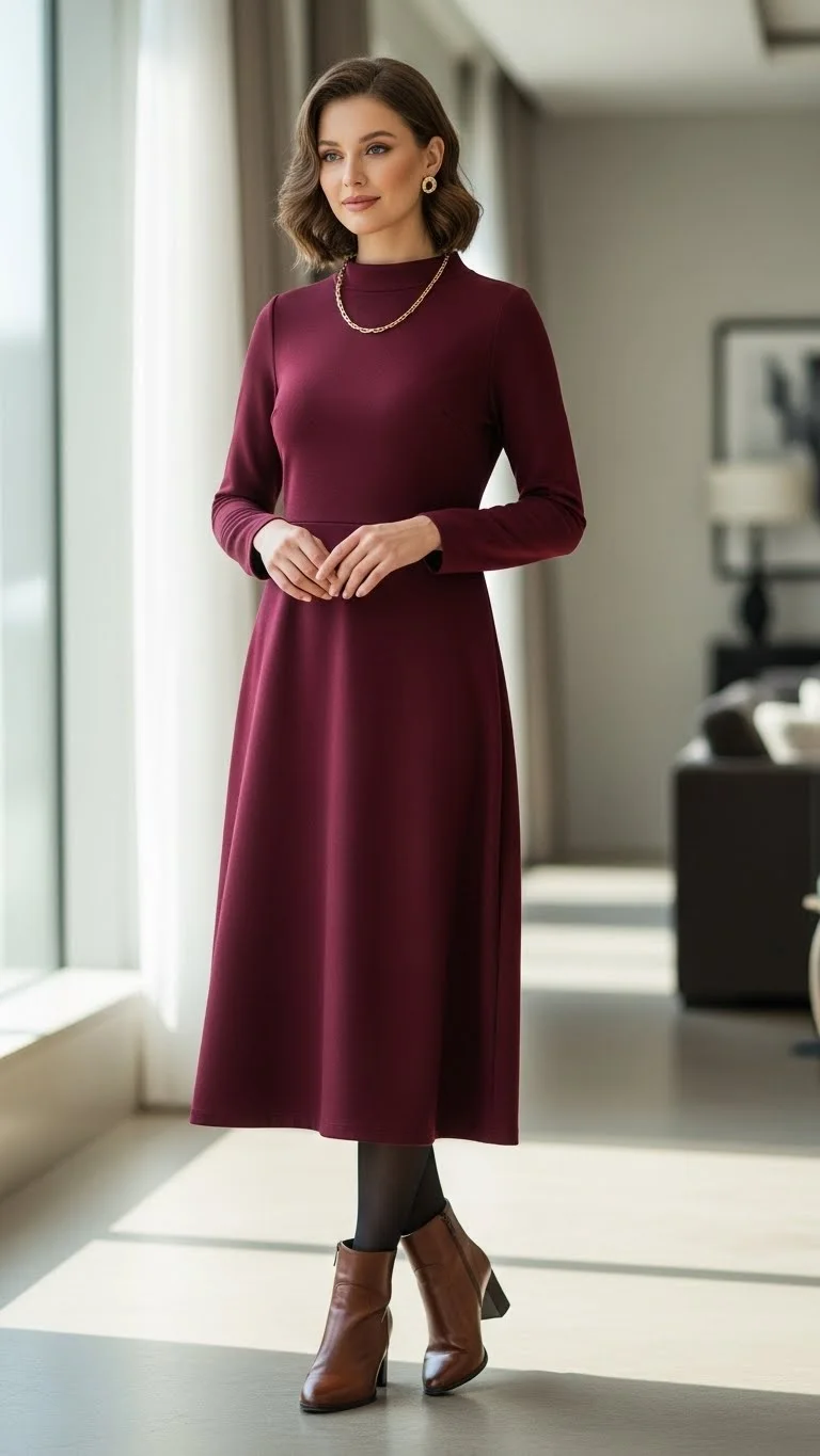 15 Modest Girly Outfit Ideas 2026: Your Complete Style Guide 12 Mock Neck Dress with Tights and Ankle Boots