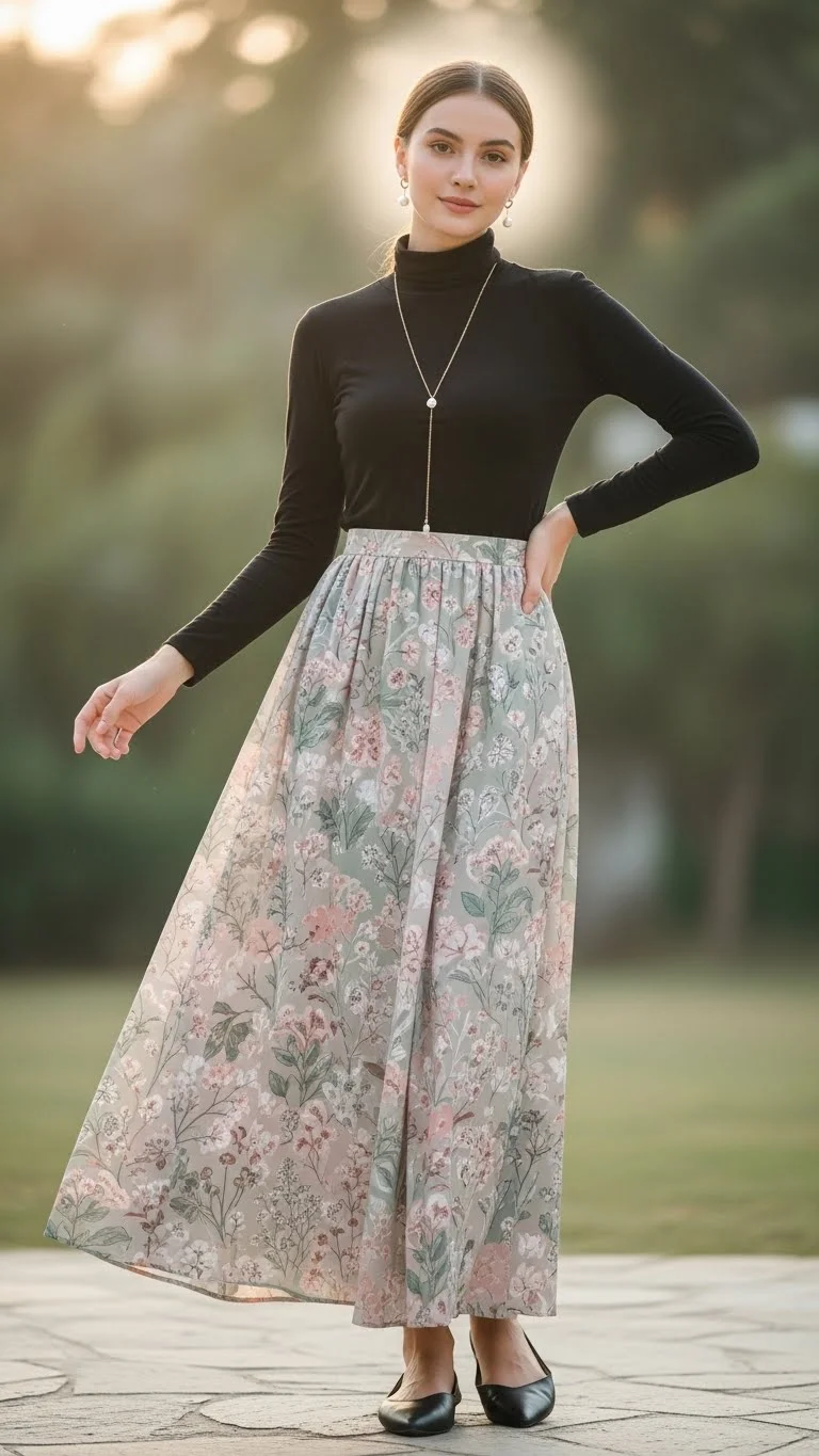 15 Modest Girly Outfit Ideas 2026: Your Complete Style Guide 9 Modest Maxi Skirt with Fitted Long Sleeve Top