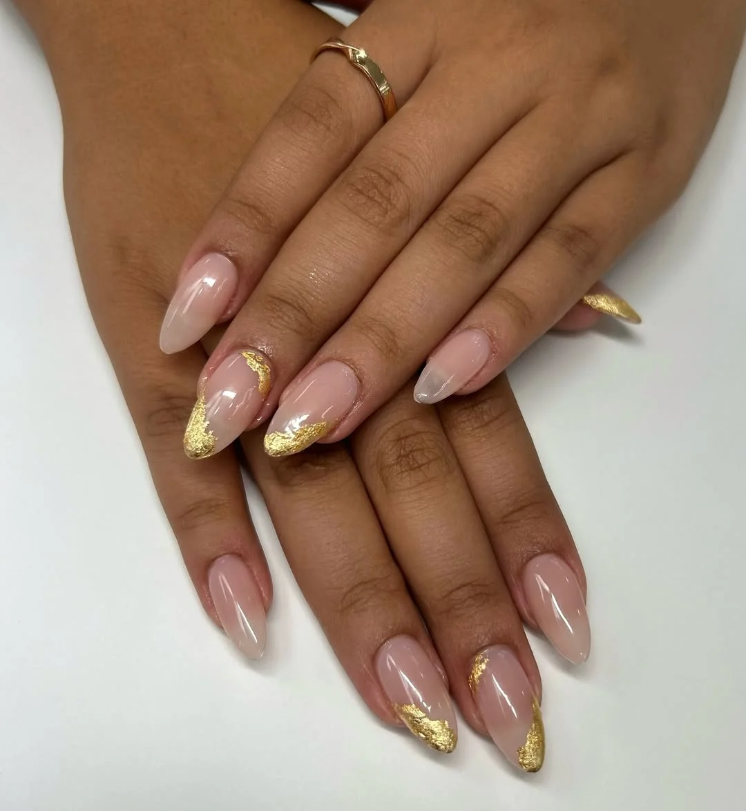 18 Creative Coffin Nails Ideas 2026 | Trendy & Stylish Nail Designs 4 Nude Coffin Nails with Gold Foil