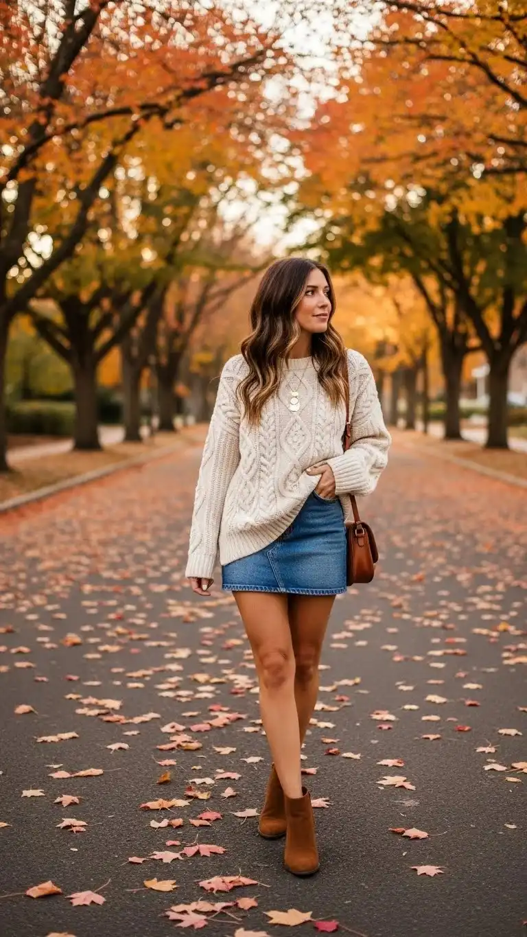 16 Best Denim Mini Skirt Outfits Ideas 2026 3 Oversized Sweater and Ankle Boots Look