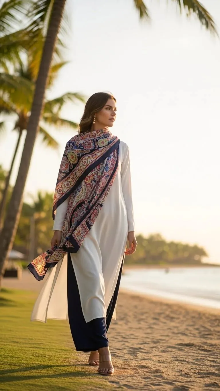 15 Modest Girly Outfit Ideas 2026: Your Complete Style Guide 11 Palazzo Pants with Long Tunic and Scarf