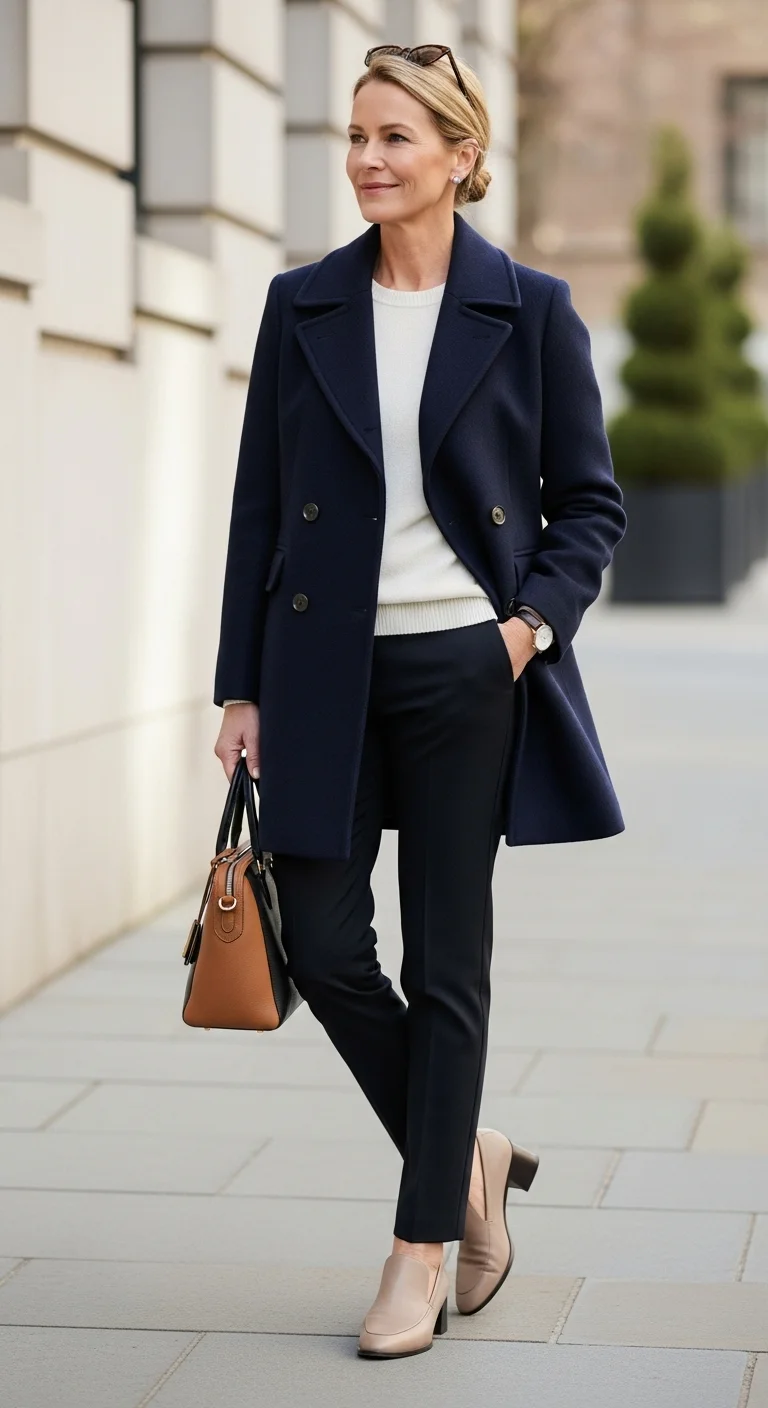 Discover Cozy Spring Outfits for Women Over 50 That Feel as Good as They Look 17 Peacoat with Slim Pants