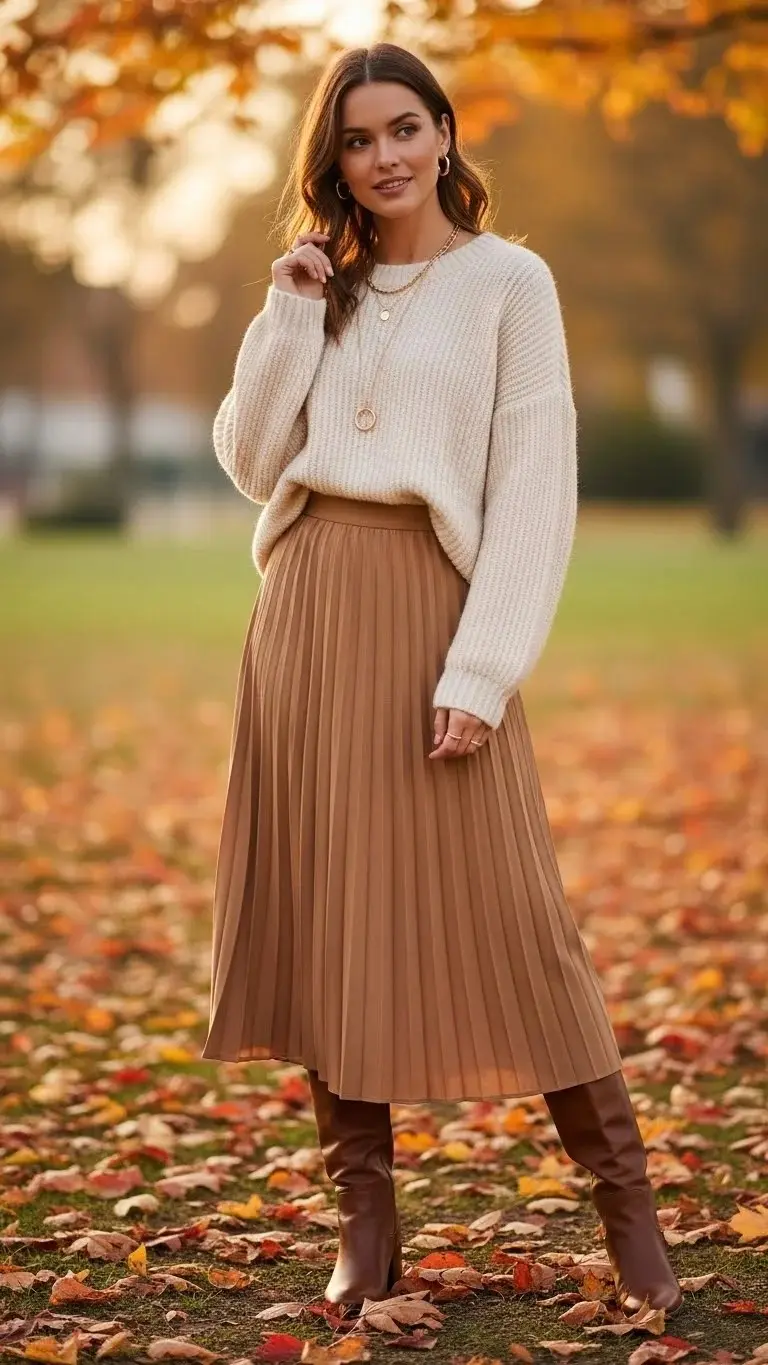 15 Modest Girly Outfit Ideas 2026: Your Complete Style Guide 7 Pleated Midi Skirt with Sweater and Knee-High Boots