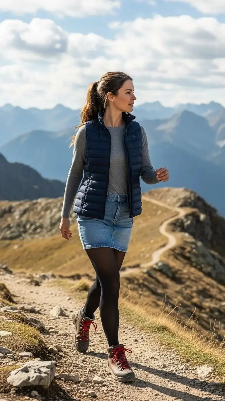 16 Best Denim Mini Skirt Outfits Ideas 2026 16 Puffer Vest and Hiking Boots Adventure