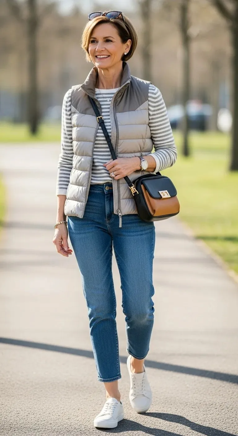 Discover Cozy Spring Outfits for Women Over 50 That Feel as Good as They Look 12 Puffer Vest with Tapered Jeans