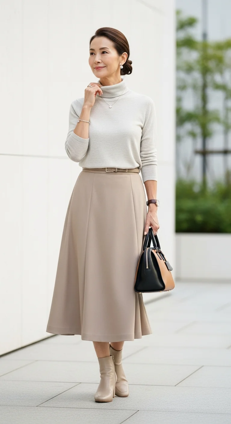 Discover the Timeless Appeal of Minimalist Spring Outfits for Women Over 60 in 2026 18 Simple Turtleneck & A-Line Skirt