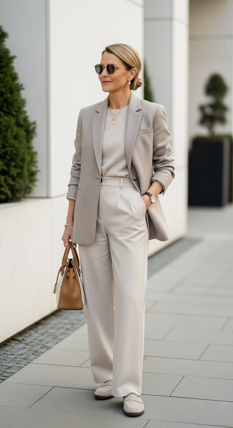 Discover Cozy Spring Outfits for Women Over 50 That Feel as Good as They Look 2 Soft, Tailored Blazers with Wide-Legged Pants