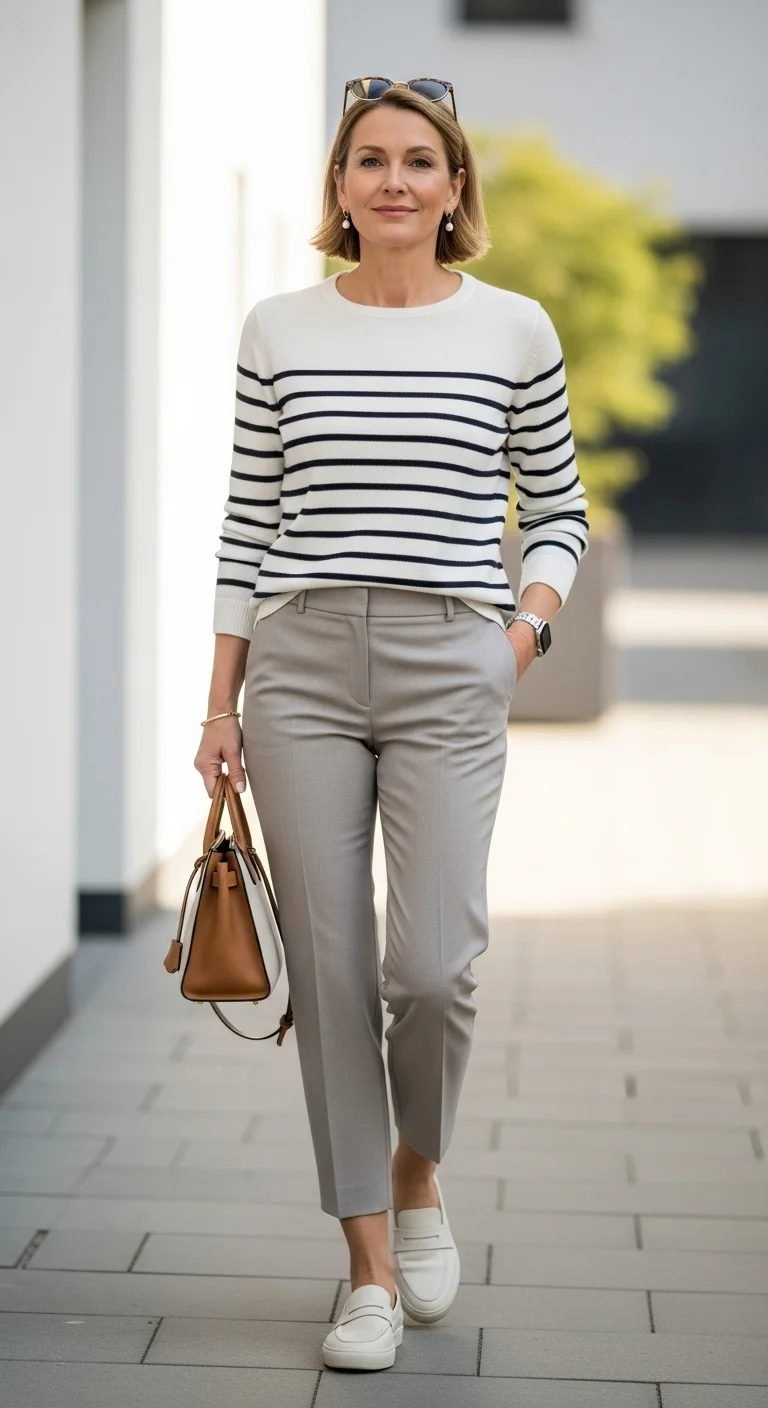 Discover Cozy Spring Outfits for Women Over 50 That Feel as Good as They Look 13 Striped Sweaters with Cropped Pants