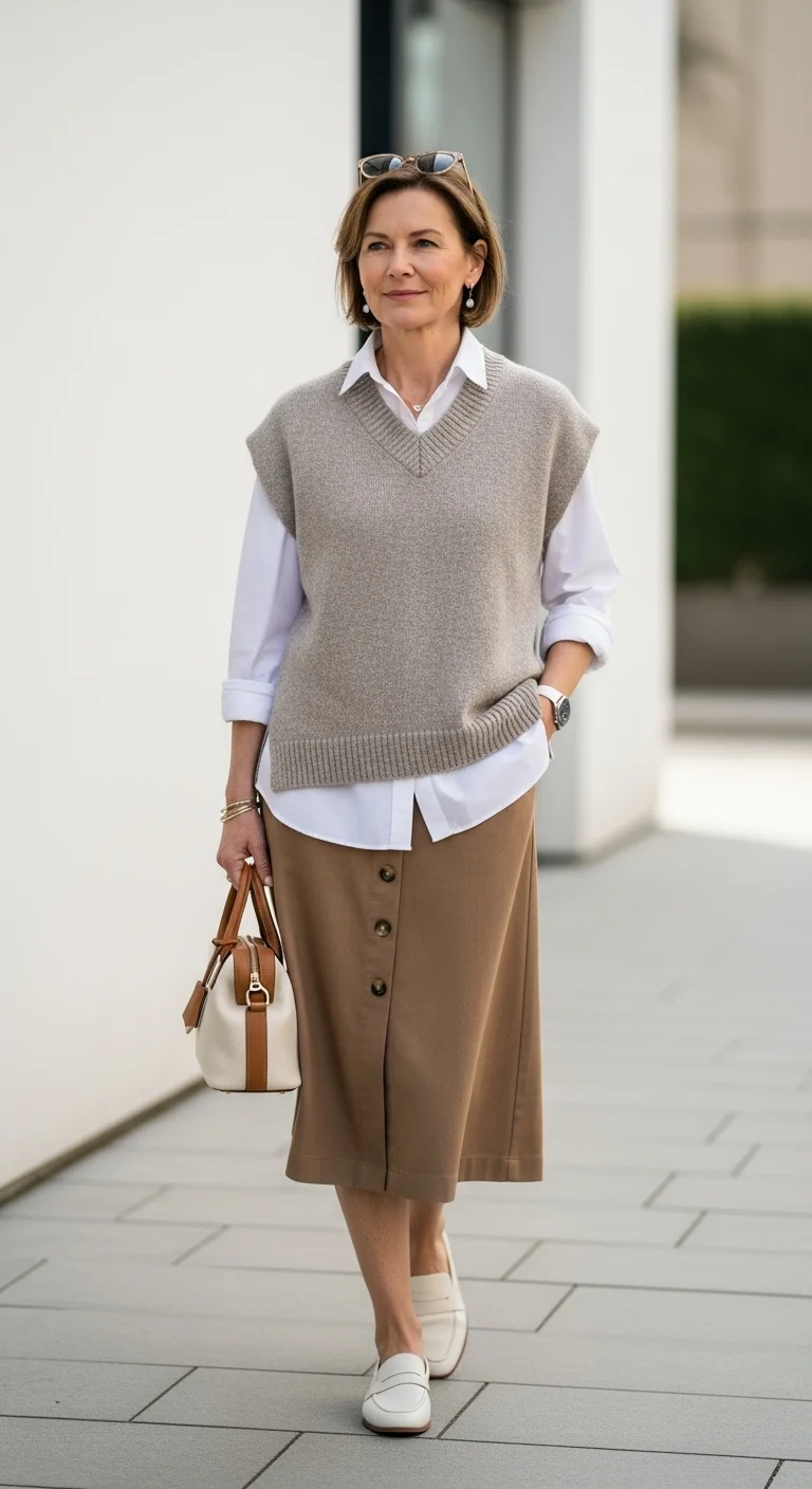 Discover Cozy Spring Outfits for Women Over 50 That Feel as Good as They Look 6 Sweater Vest with a Button-Up Skirt