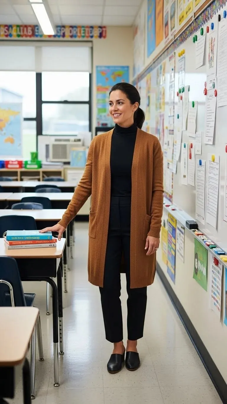 Stop Dressing Like You're Still in College: 13 Stylish Teacher Outfits Ideas 2026 That Actually Work 7 The Cardigan and Dress Pants Power Move