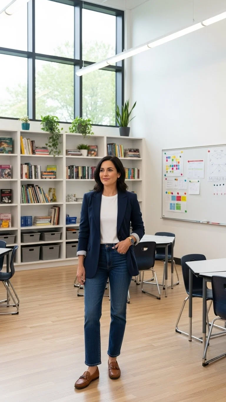 Stop Dressing Like You're Still in College: 13 Stylish Teacher Outfits Ideas 2026 That Actually Work 2 The Classic Blazer and Jeans Combo