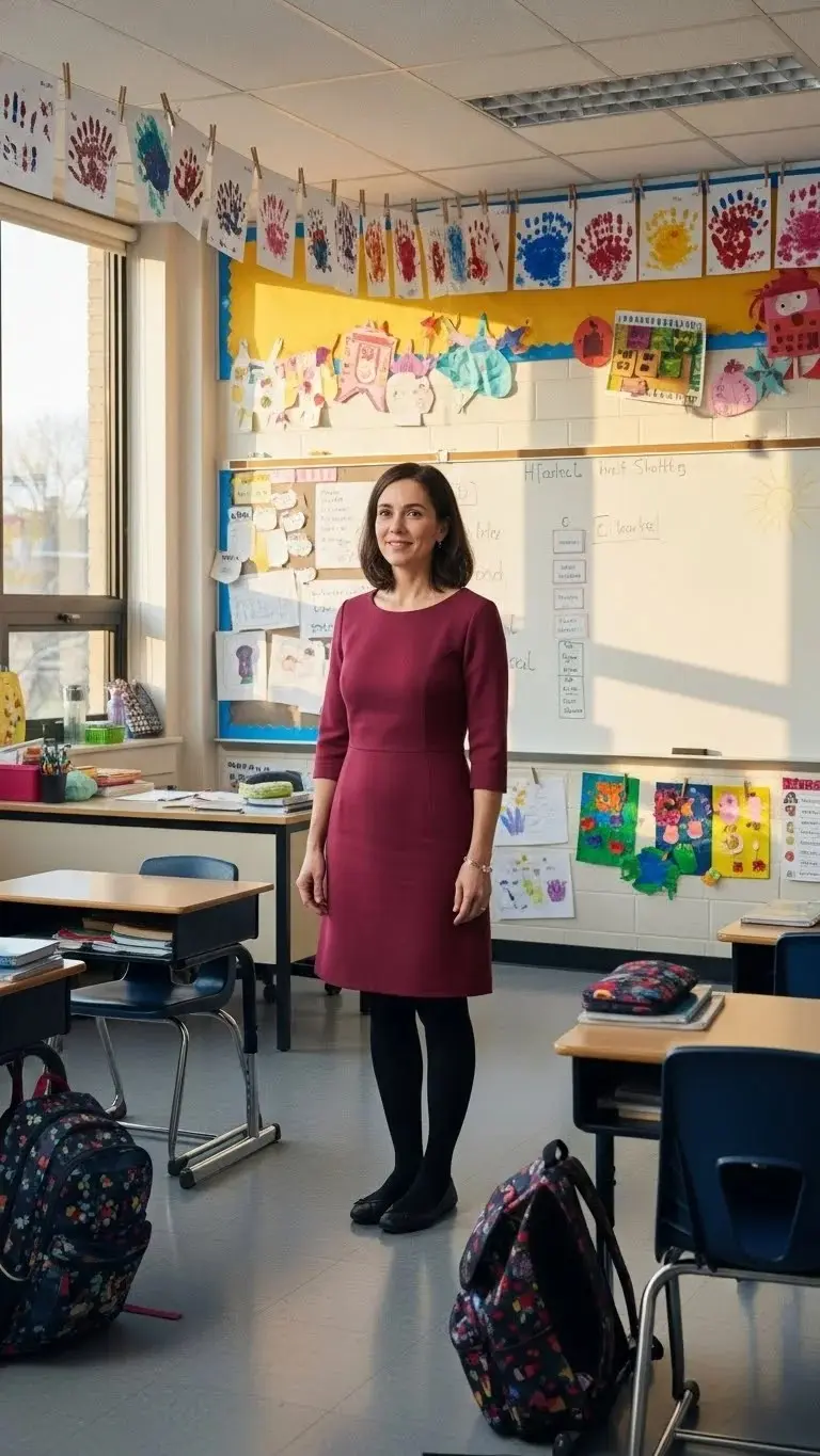 Stop Dressing Like You're Still in College: 13 Stylish Teacher Outfits Ideas 2026 That Actually Work 14 The Comfortable Dress and Tights Formula