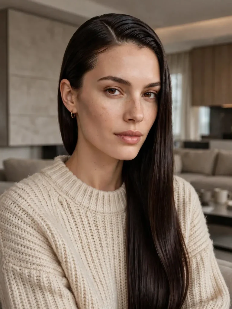 18 Straight Hairstyles for Women, Sorted by How Much Time You Actually Have 19 The Editorial Straight Down with Deep Side Part and Extreme Shine 768x1024 1