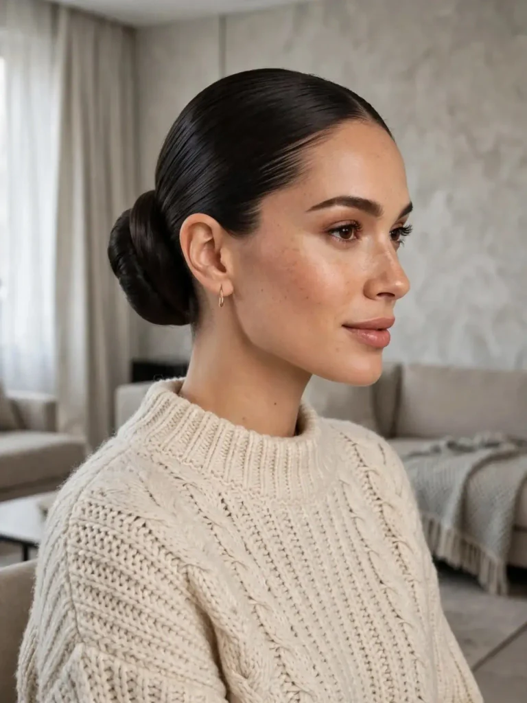 18 Straight Hairstyles for Women, Sorted by How Much Time You Actually Have 17 The Full Sleek Low Bun with Wrapped Section 768x1024 1