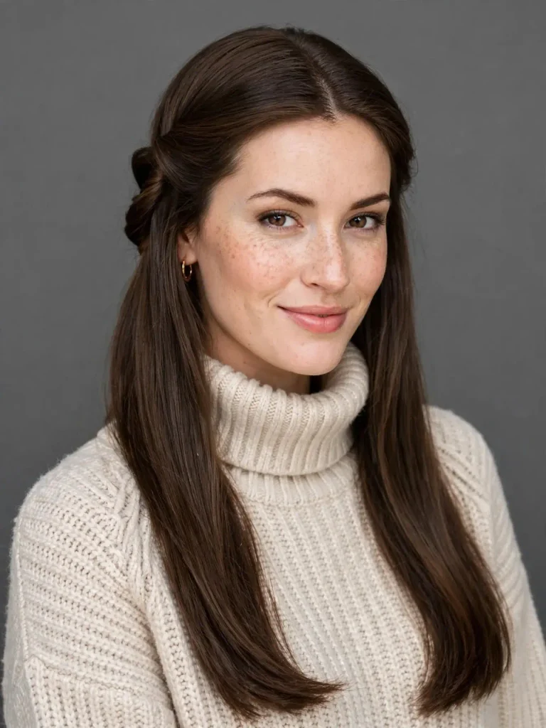 18 Straight Hairstyles for Women, Sorted by How Much Time You Actually Have 4 The Half Up Twist 768x1024 1
