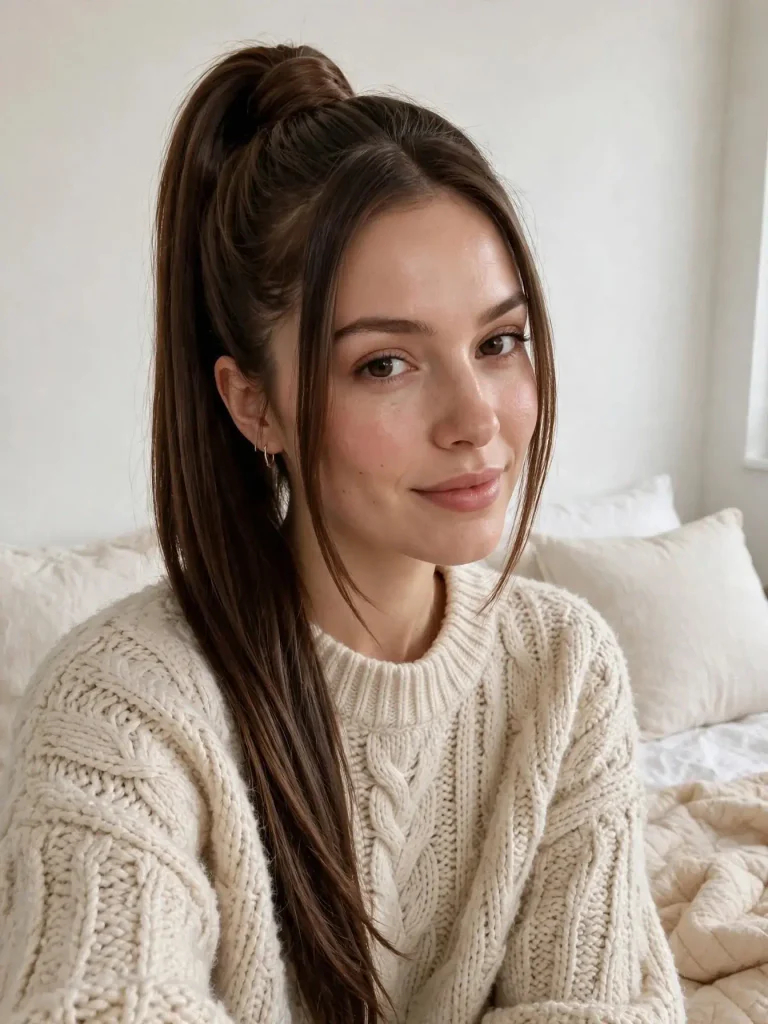 18 Straight Hairstyles for Women, Sorted by How Much Time You Actually Have 18 The Straight High Ponytail with a Wrapped Base and Face Framing Pieces 768x1024 1