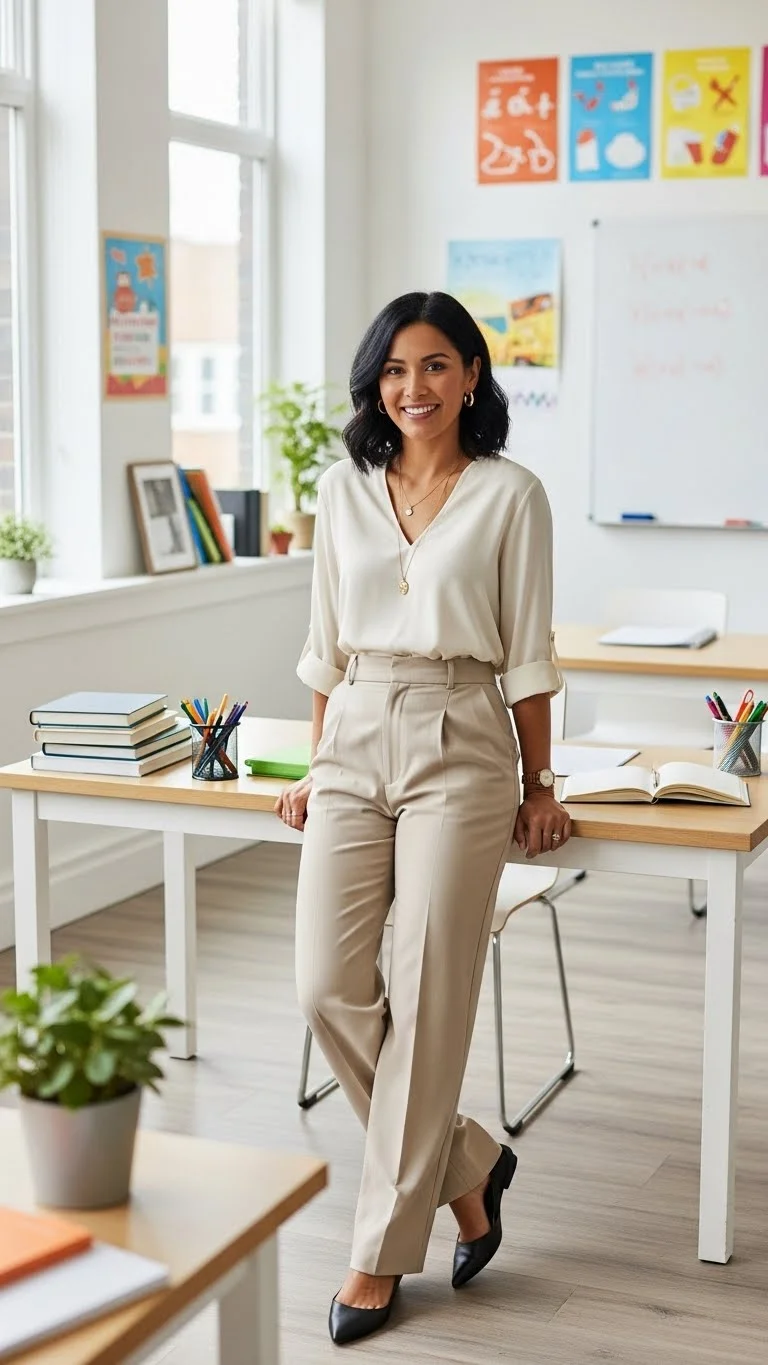 Stop Dressing Like You're Still in College: 13 Stylish Teacher Outfits Ideas 2026 That Actually Work 4 The Wide-Leg Trousers and Blouse