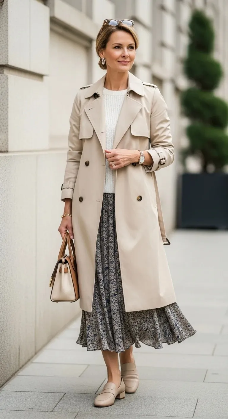 Discover Cozy Spring Outfits for Women Over 50 That Feel as Good as They Look 14 Trench Coat with a Midi Skirt