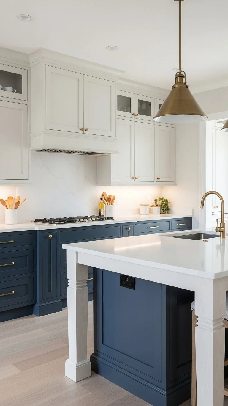 15 White Oak Kitchen Cabinets Ideas 2026: Transform Your Kitchen Into a Stunning Space 3 Two-Tone White Oak and Navy Blue Combination