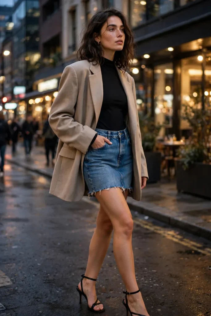 16 Denim Mini Skirt Outfits Ideas (One Skirt, Sixteen Lives) 3 denimmini 02 oversized blazer bodysuit heels