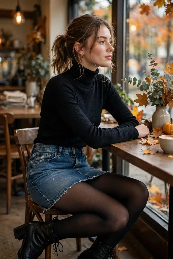 16 Denim Mini Skirt Outfits Ideas (One Skirt, Sixteen Lives) 5 denimmini 04 black turtleneck tights boots