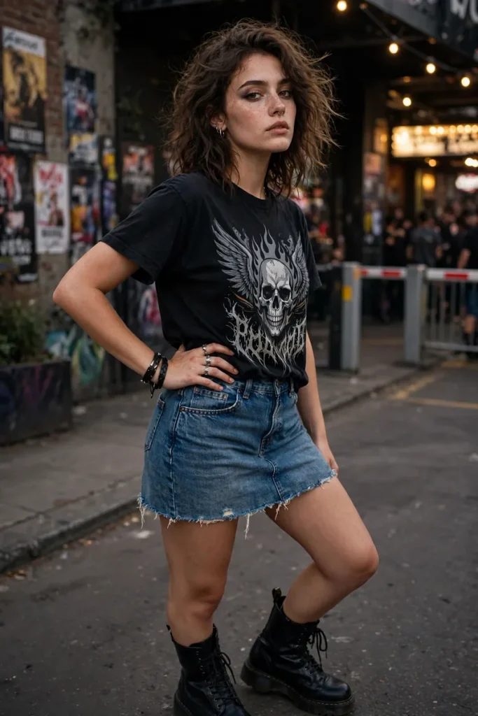 16 Denim Mini Skirt Outfits Ideas (One Skirt, Sixteen Lives) 6 denimmini 05 graphic band tee combat boots