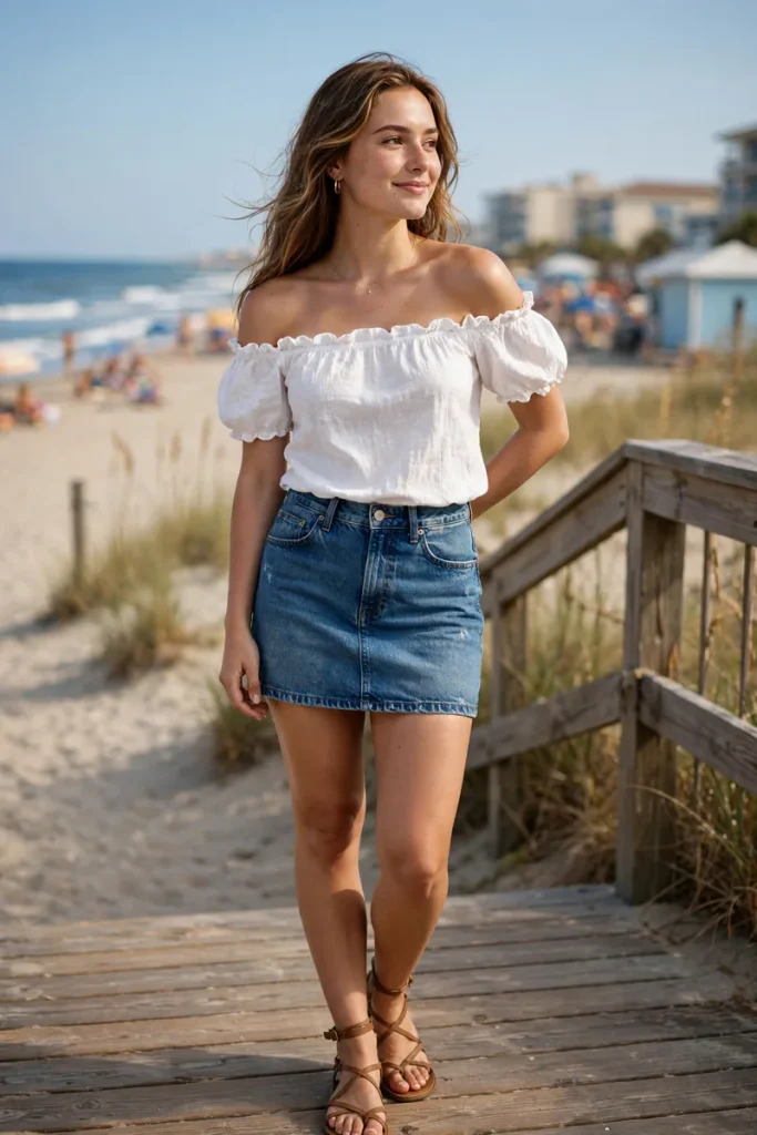 16 Denim Mini Skirt Outfits Ideas (One Skirt, Sixteen Lives) 9 denimmini 08 off shoulder top strappy sandals