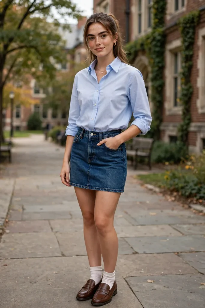 16 Denim Mini Skirt Outfits Ideas (One Skirt, Sixteen Lives) 13 denimmini 12 button down loafers preppy