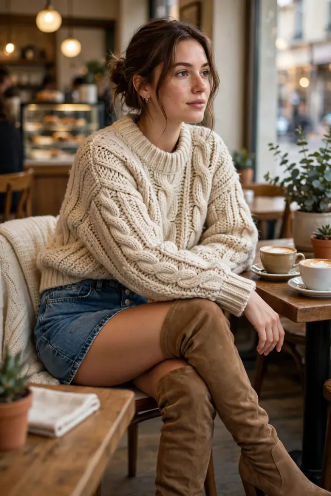 16 Denim Mini Skirt Outfits Ideas (One Skirt, Sixteen Lives) 14 denimmini 13 chunky knit over knee boots
