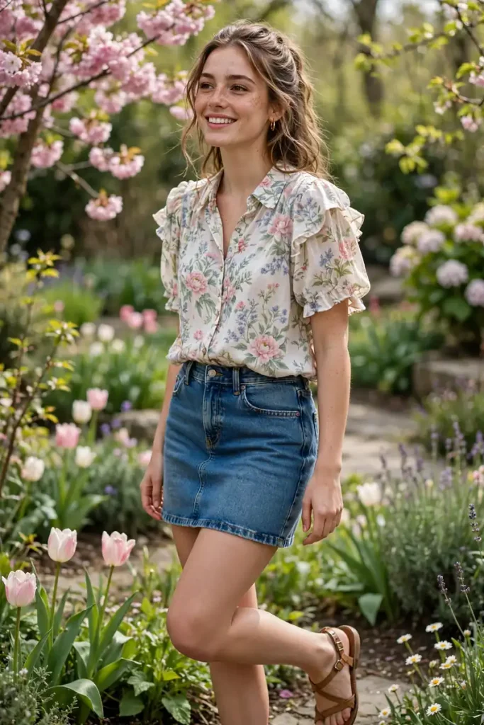 16 Denim Mini Skirt Outfits Ideas (One Skirt, Sixteen Lives) 15 denimmini 14 floral blouse sandals spring