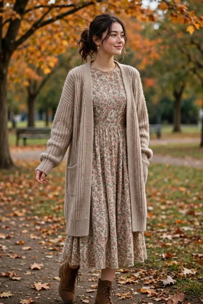 15 Modest Girly Outfit Ideas (Covered, But Make It Chic) 6 modest 05 long cardigan midi dress boots
