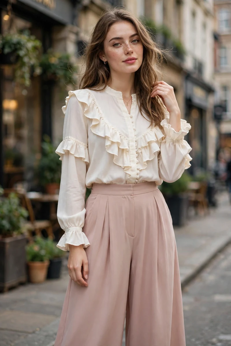15 Modest Girly Outfit Ideas (Covered, But Make It Chic) 7 modest 06 ruffle blouse palazzo pants 1